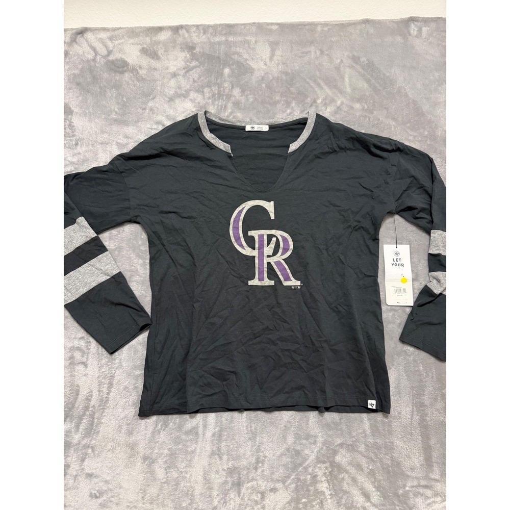 '47 Brand Colorado Rockies T-Shirt Women Large Black Long Sleeve V-Neck MLB